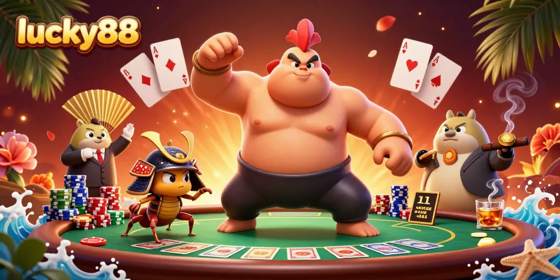 Engage with lucky88 through a vibrant poker scene featuring characters in action.