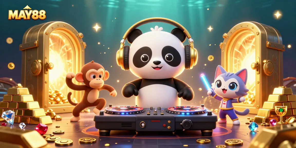 MAY88 captivates with a 3D DJ panda and lively characters amidst dazzling casino elements.