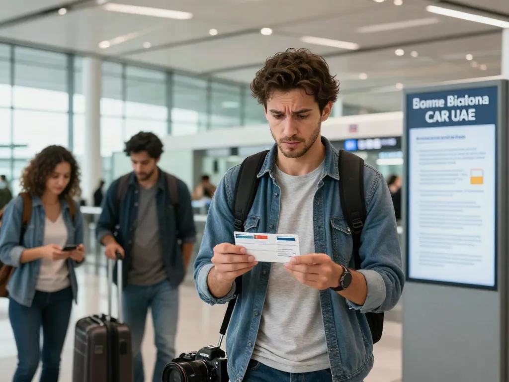 Traveler at UAE airport customs with prescription medicine and valid documents, preparing for travel.