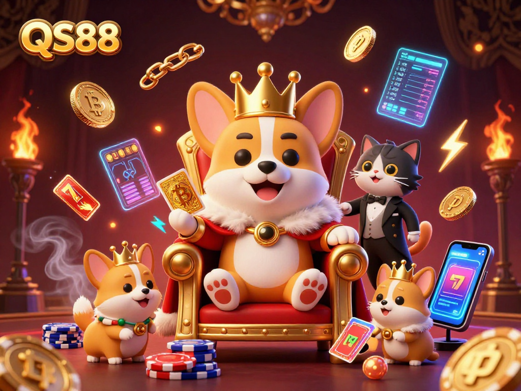 Experience gaming excitement with QS88 in a vibrant 3D casino scene featuring a royal corgi and crypto elements.