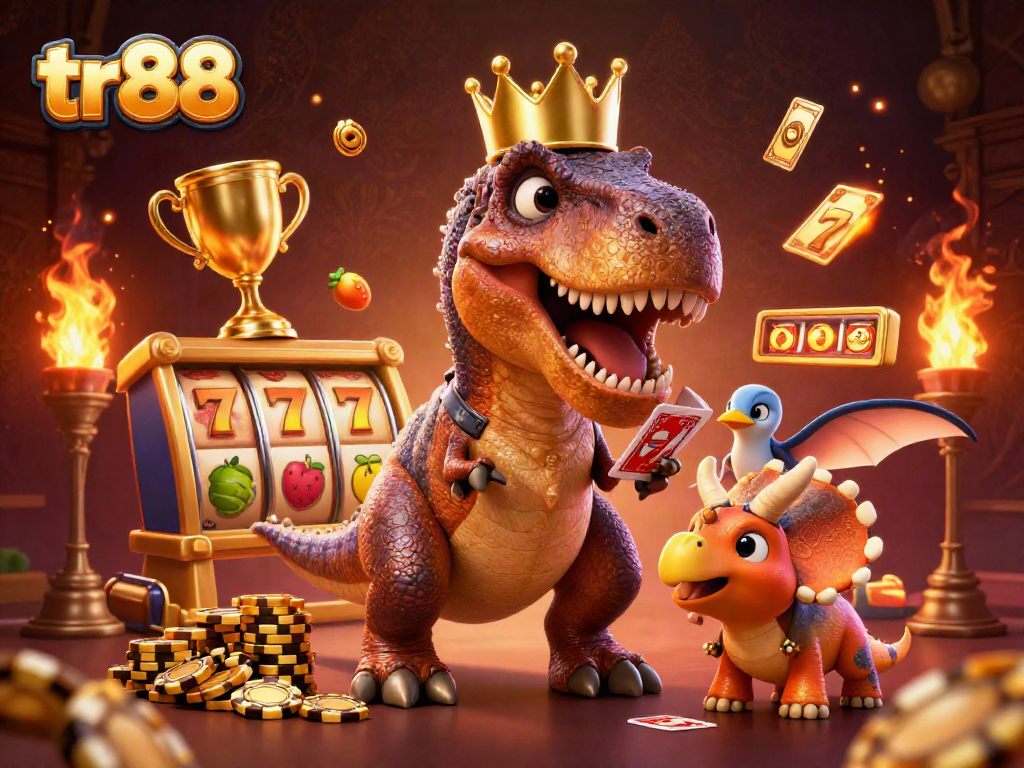 tr88 showcases a playful T-Rex and friends stacking chips at a vibrant casino.