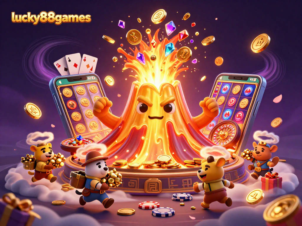 Experience the excitement of lucky88games as a golden volcano erupts coins and gems, encapsulating thrilling casino gameplay.