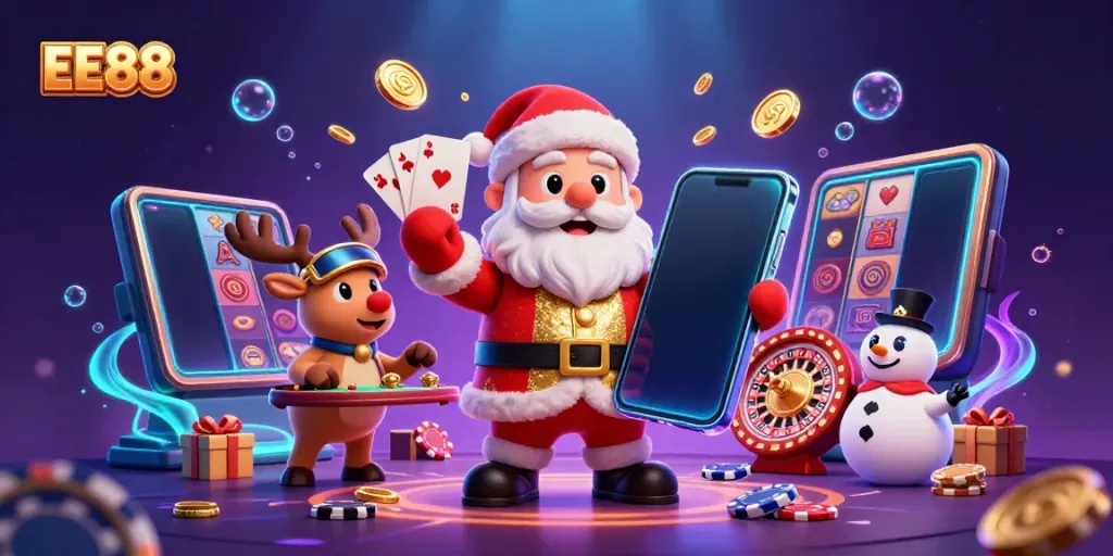Engage in exciting online gaming with EE88, featuring vibrant slot games, Santa and festive characters.