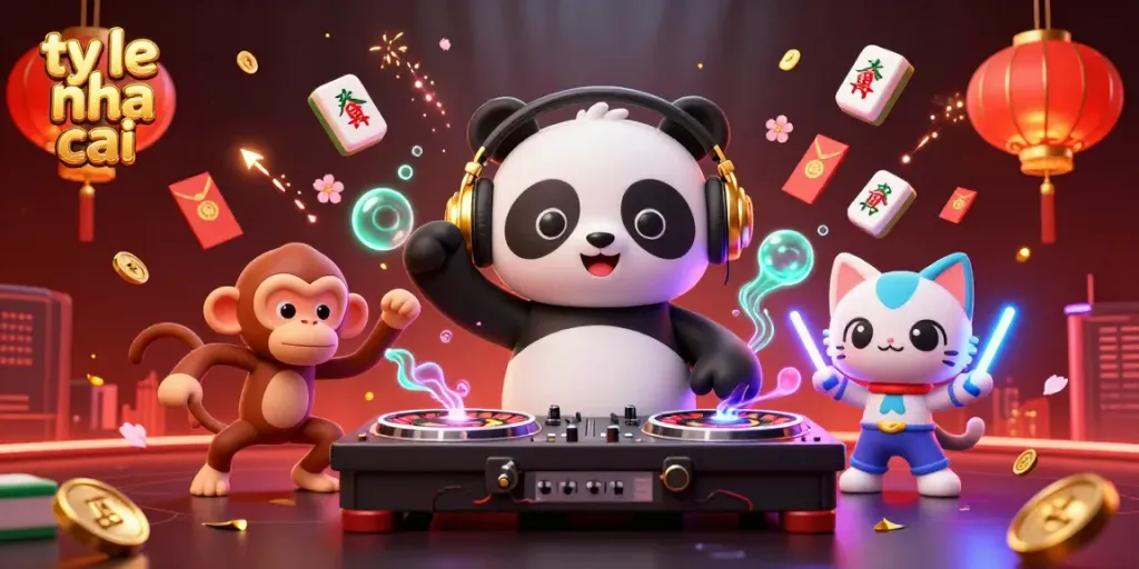 Experience ty le nha cai with a lively illustration of a DJ panda spinning roulette wheels, surrounded by vibrant gaming elements.
