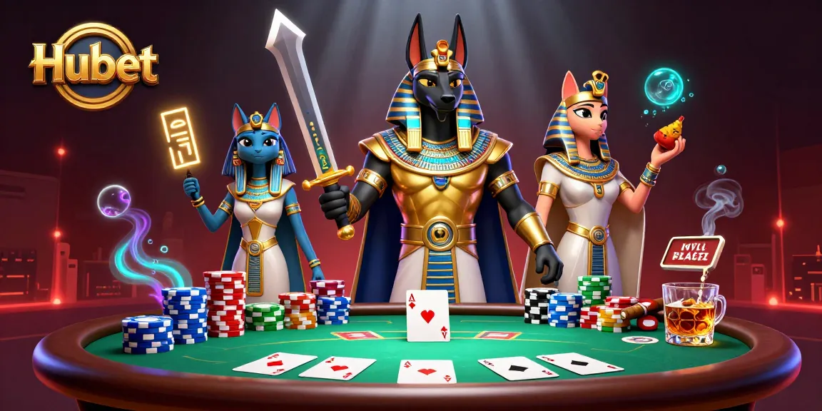 Hubet showcases an epic poker scene with Anubis and Bastet in vibrant casino atmosphere.
