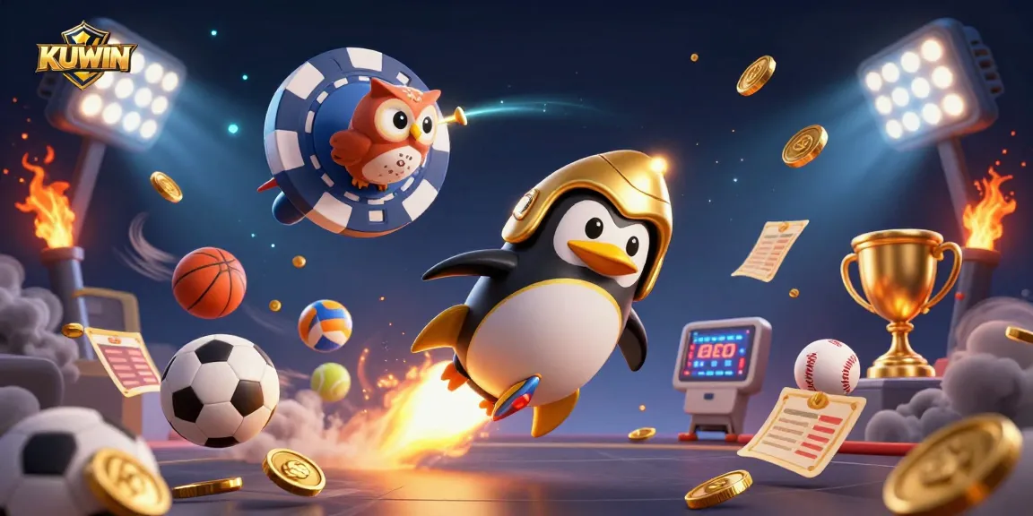 KUWIN introduces a vibrant fantasy casino scene with a golden penguin rocket and dynamic game elements.