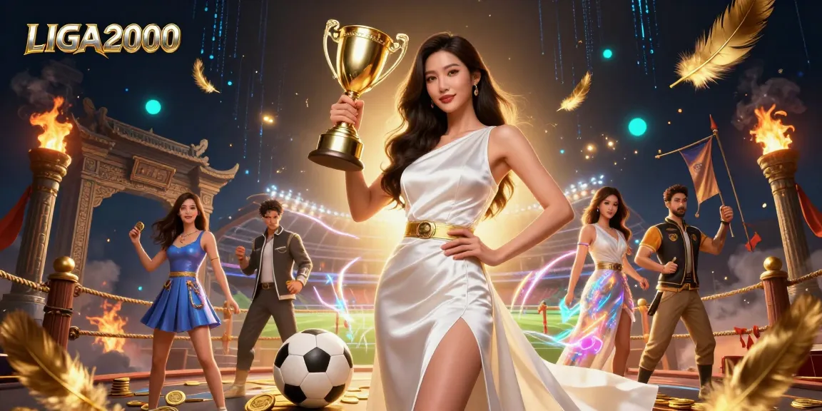 Ilustrasi taruhan olahraga LIGA2000 dengan seorang wanita Asia percaya diri memegang trofi emas di tengah elemen kasino yang berwarna-warni.