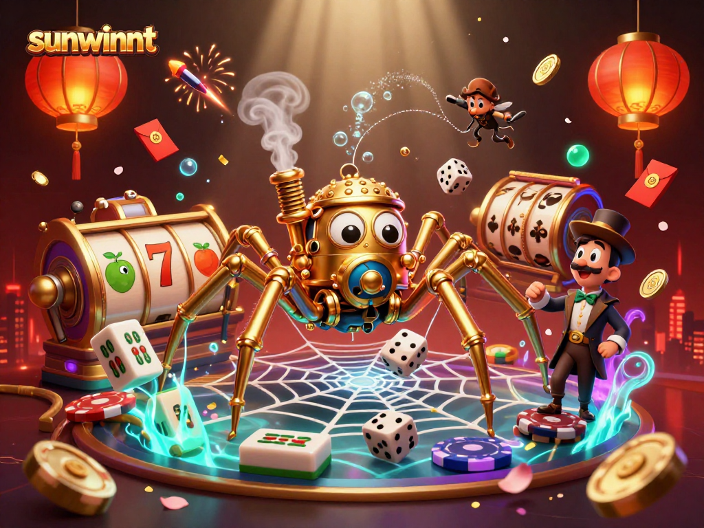Experience sunwinnt's excitement with a vibrant illustration featuring a steampunk spider and lucky symbols.