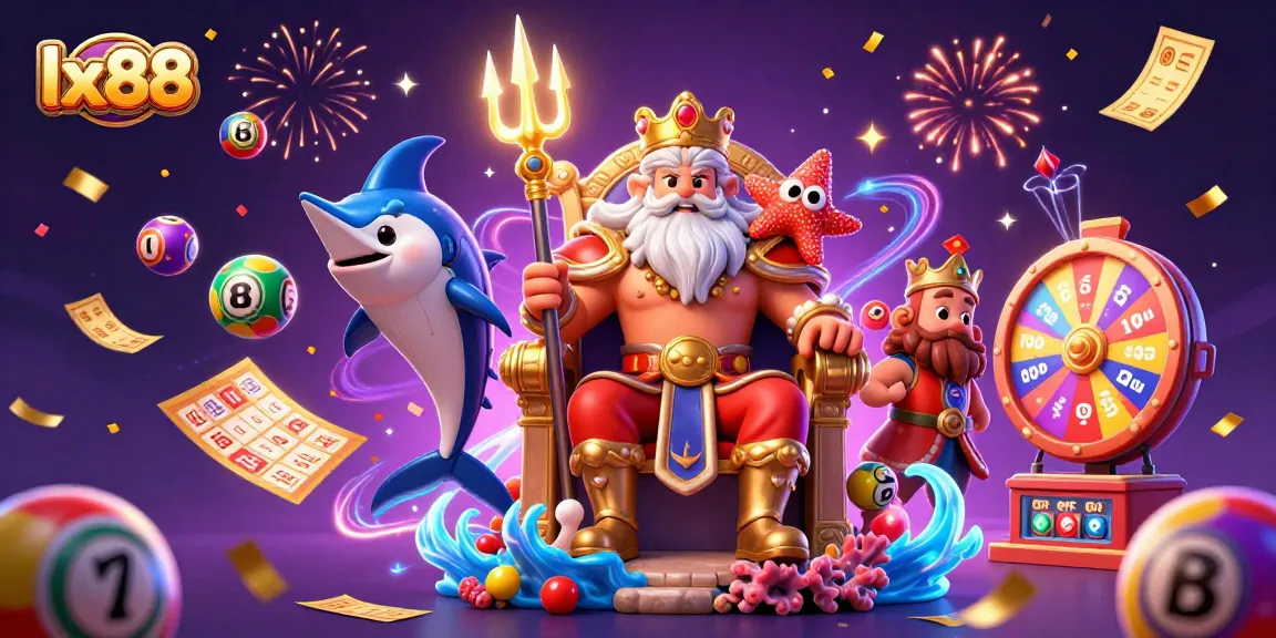 Play with the vibrant lx88 lottery scene featuring Neptune amid colorful balls and prizes.