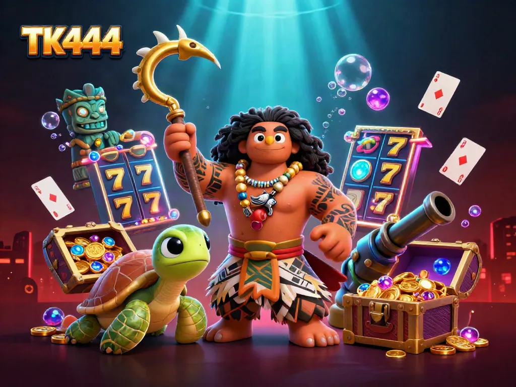 Engage with TK444 in a vibrant underwater casino adventure filled with slot reels, treasure, and mystic characters.