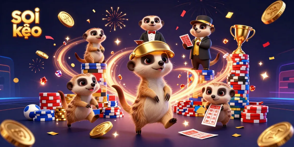 Soi kèo strategy illustrated by meerkats showcasing a lively sports betting scene with excitement and betting slips.