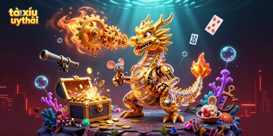 Immerse in the thrilling world of tài xỉu uy tín as a golden dragon showcases intricate clockwork magic amidst treasures and vibrant underwater scenes.