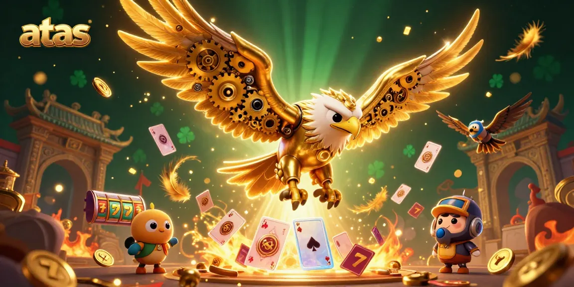 Slot reels and a cybernetic eagle soar above vibrant holographic playing cards at atas casino.