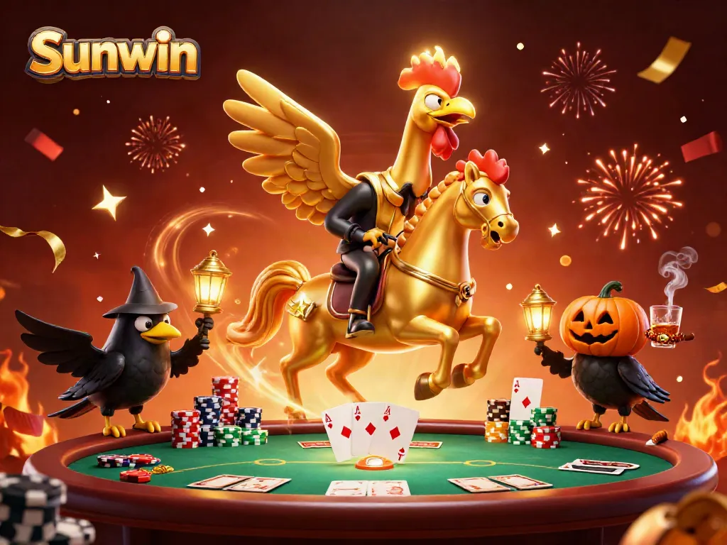 Win big with Sunwin in a vibrant casino scene filled with card games and prizes.