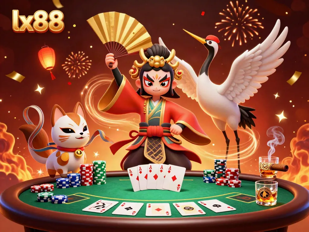 Experience the excitement of lx88 with an engaging 3D illustration featuring kabuki warriors and poker elements.
