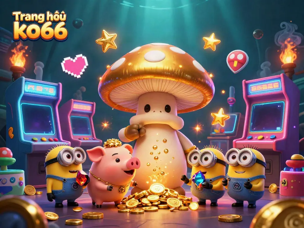 Win on Trang chủ ko66 with a magical scene of a golden mushroom wizard and treasure-hunting pig.