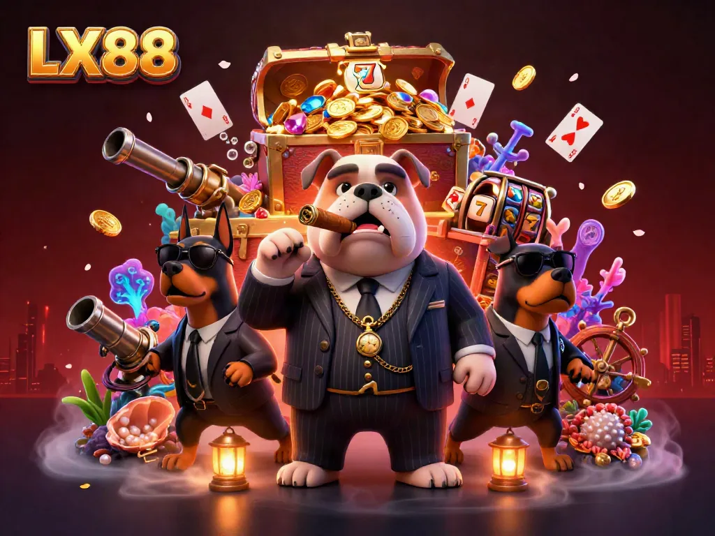 Experience the thrilling world of LX88 with a mafia bulldog and its bodyguards, surrounded by jewels and slots.