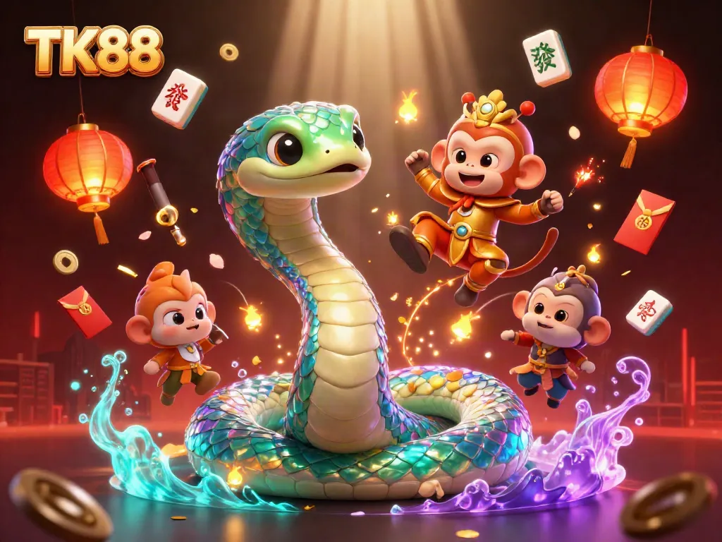 Play and win at TK88 casino with a dynamic 3D illustration showcasing vibrant characters and gaming elements.