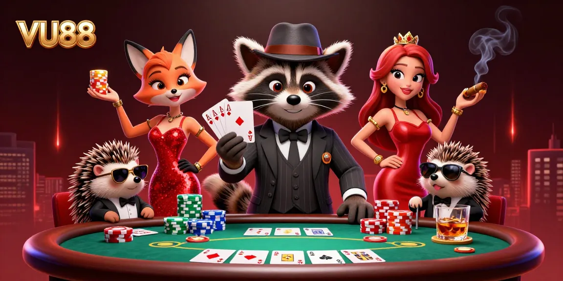 Experience thrilling poker action at VU88 with a raccoon holding a royal flush and charming characters