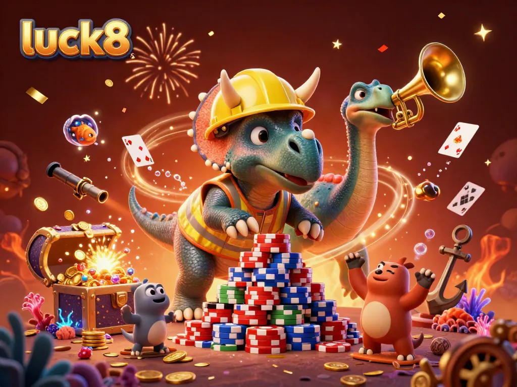 Engage with luck8's festive gaming scene filled with vibrant poker chips and cheerful characters.