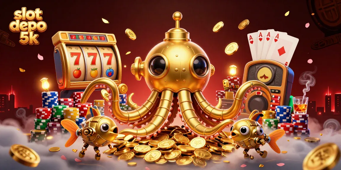 Experience thrilling gameplay with slot depo 5k, surrounded by a rich casino atmosphere filled with golden coins and slot reels.
