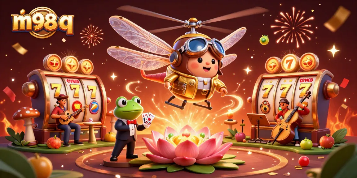 Experience m98 q action with a dragonfly pilot and frog dealer in a vibrant casino scene.