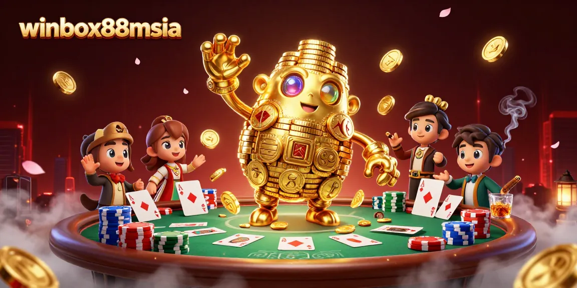 Experience the excitement of winbox88msia's gaming world with our 3D golden golem and poker setup!