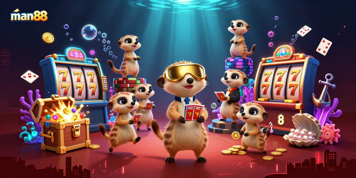Engage in exciting gaming at man88's vibrant cartoon casino led by cheeky meerkats.