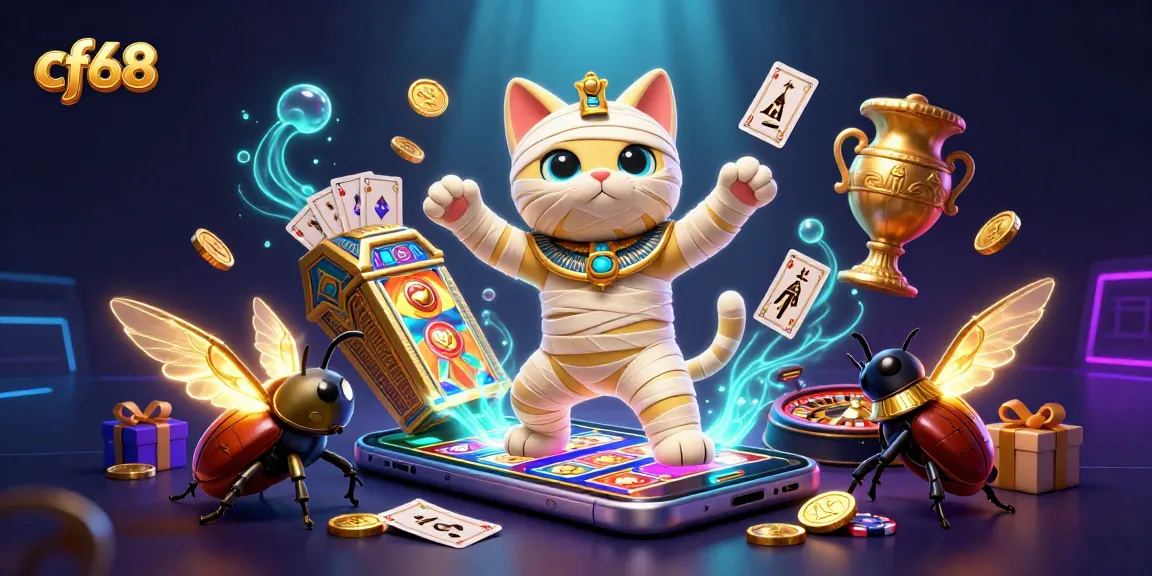 Play at cf68 with an Egyptian mummy cat in a pyramid casino, bursting with slot game excitement.