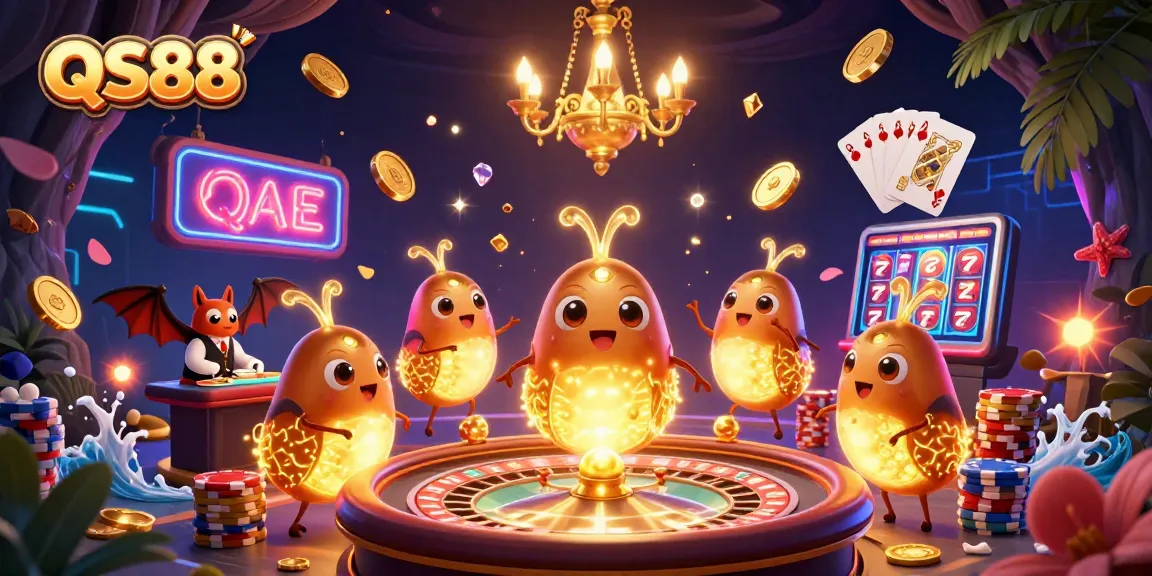 Experience the excitement of QS88 with a vibrant casino scene featuring glowworms and dynamic gaming elements.
