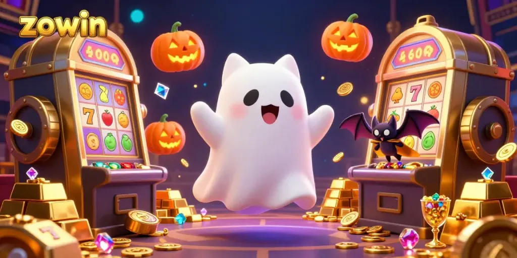 Engage in exciting gaming adventures at Zowin with vibrant 3D visuals showing a ghost cat and bat in a casino scene.