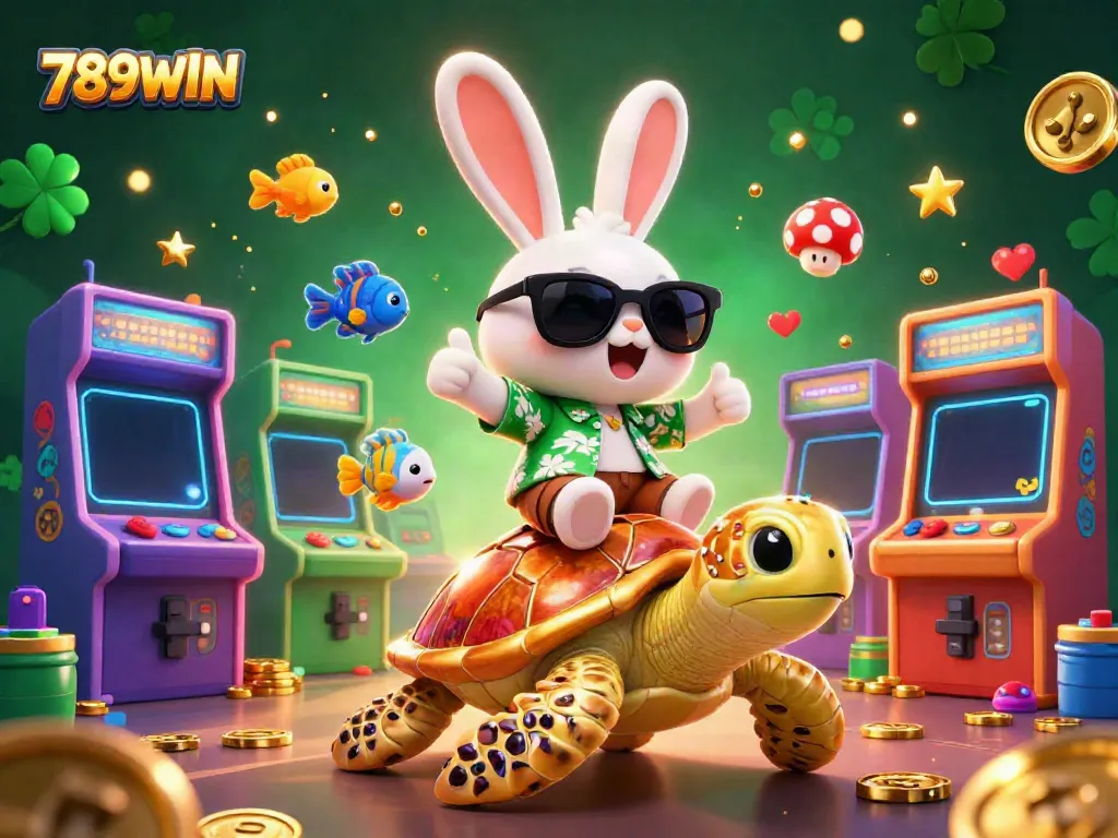 Experience 789WIN's exciting casino adventure with a lucky rabbit and golden sea turtle in 3D.