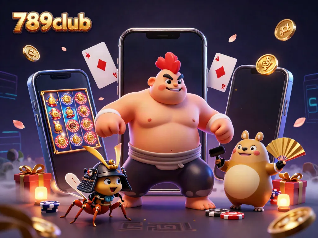 Engage in vibrant casino action with 789club: sumo wrestler, cricket, and tanuki amidst dynamic gaming elements.