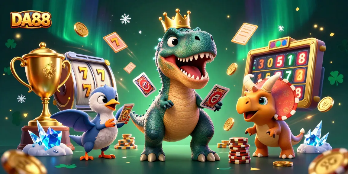 Engage in thrilling gameplay with DA88 slots, featuring a dinosaur dealer and vibrant casino elements.