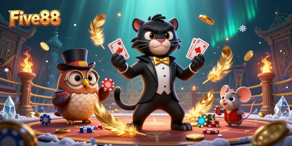 Engage with Five88's vibrant casino scene featuring a tuxedo panther, top hat owl, and lucky mouse.
