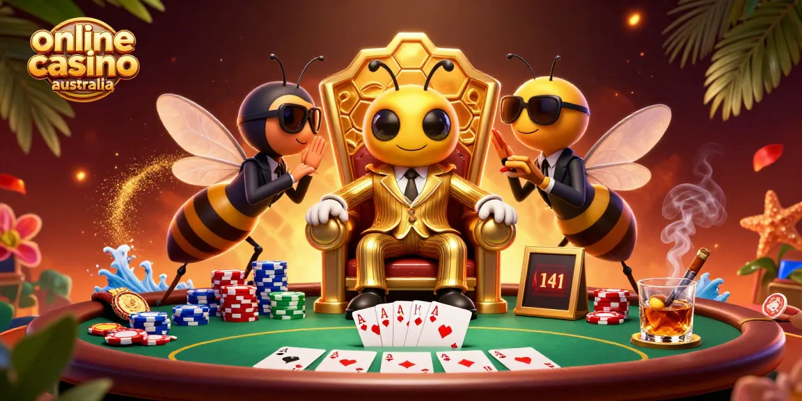 Engage with online casino Australia vibes through a vibrant 3D scene of a bumblebee mob boss and poker elements.
