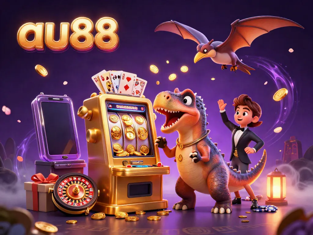 Experience thrilling wins at au88 with a cartoon dinosaur hitting a golden slot machine jackpot amidst flying coins and vivid casino elements.