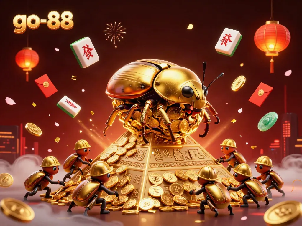 Experience thrilling wins with go-88, featuring a golden beetle and casino symbols in an engaging scene.