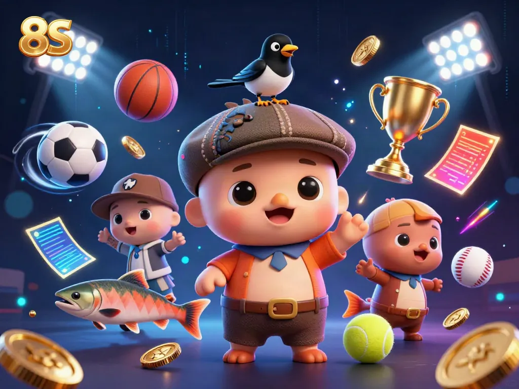 Playfully explore 8S in this dynamic online casino scene featuring cartoon characters and casino game elements.