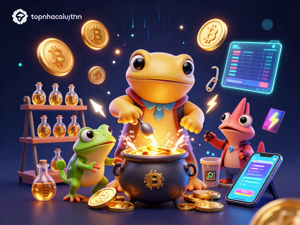 Experience the excitement of topnhacaiuytinn with animated gambling artworks blending crypto themes and casino elements.