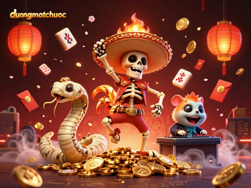 Engage with duongmatchuoc as the skeleton mariachi rooster celebrates on golden coins amidst vibrant casino-themed elements.