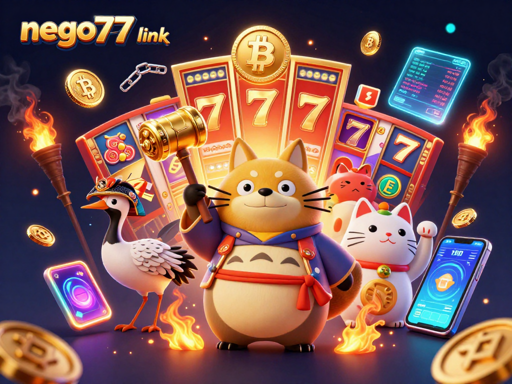 Experience the thrill of gambling with the nego77 link, showcasing cheerful tanuki and vibrant slot reels.
