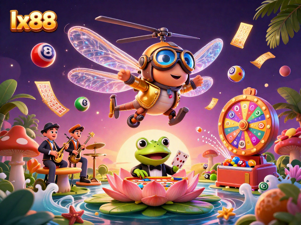 Join the excitement at lx88 with dynamic lottery and casino games illustrated in a vibrant scene.