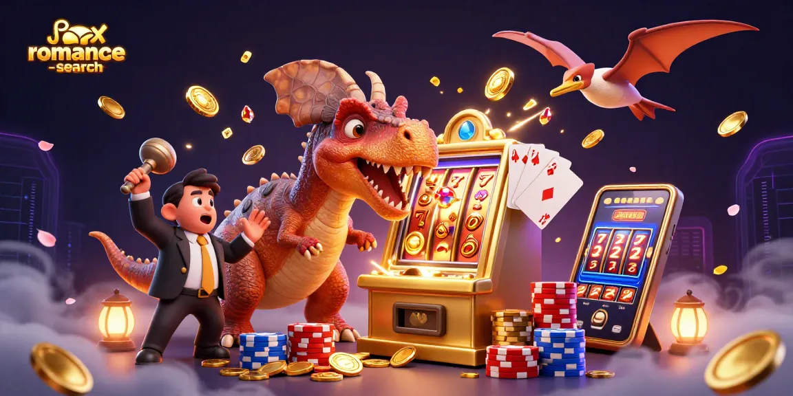 Experience romance-search with animated dinosaurs engaging in a thrilling jackpot win at the casino.