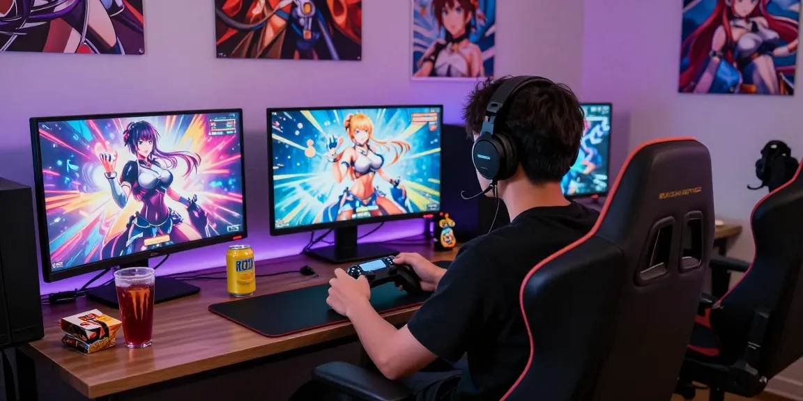 Engaged gamer enjoying real ecchi games on multiple screens in a vibrant gaming setup.