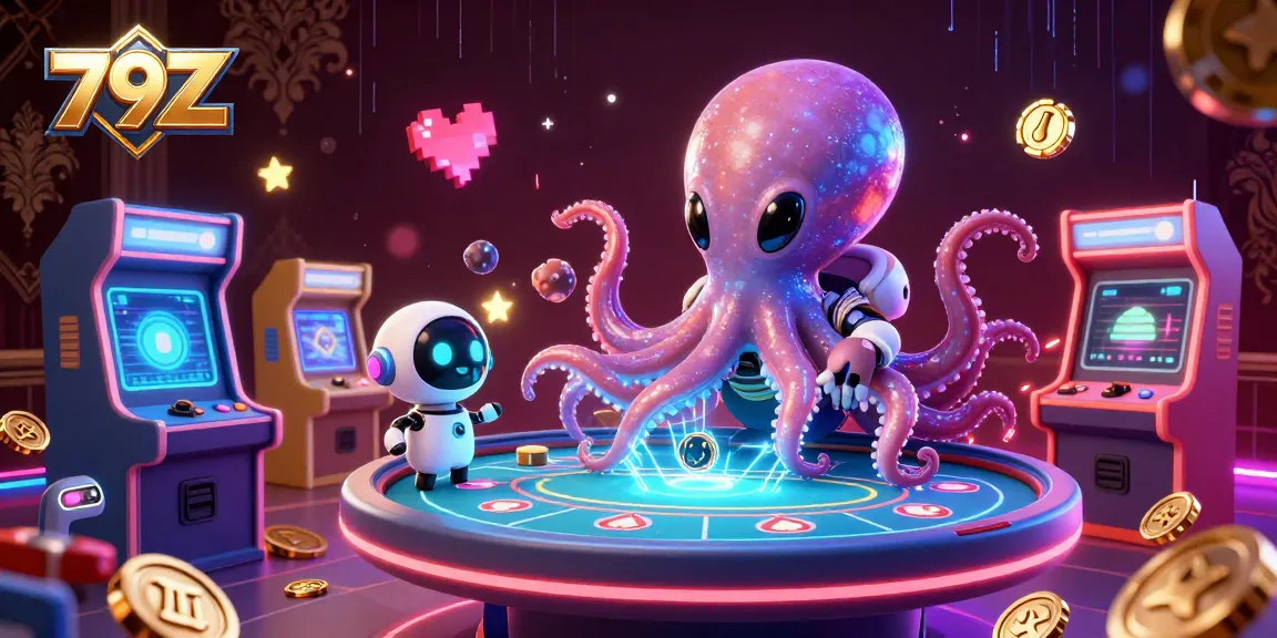 Engage in thrilling gaming experiences with 79Z at a holographic poker table in a dynamic casino world.