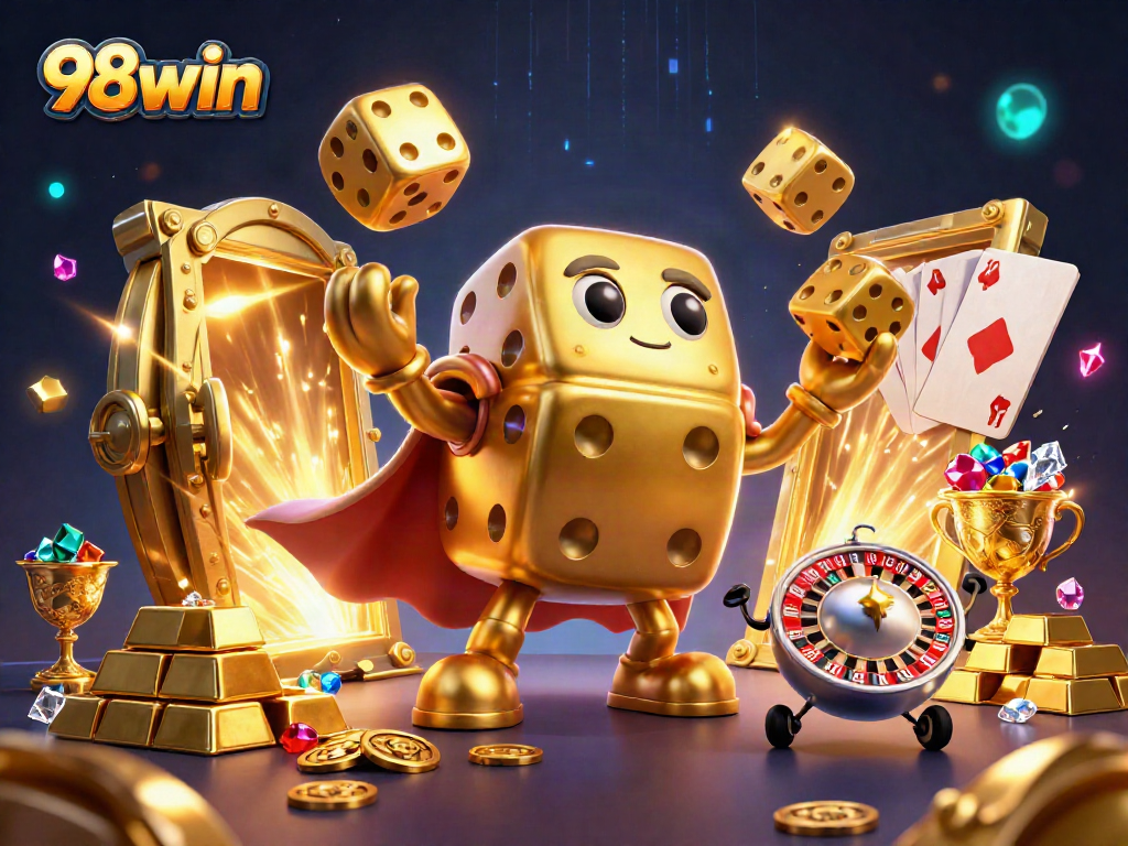 Experience excitement with 98win's dynamic casino-themed 3D illustration showcasing rich gaming elements.