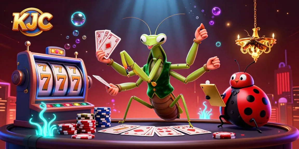KJC engages players with a vibrant 3D gambling scene featuring a charming mantis dealer.