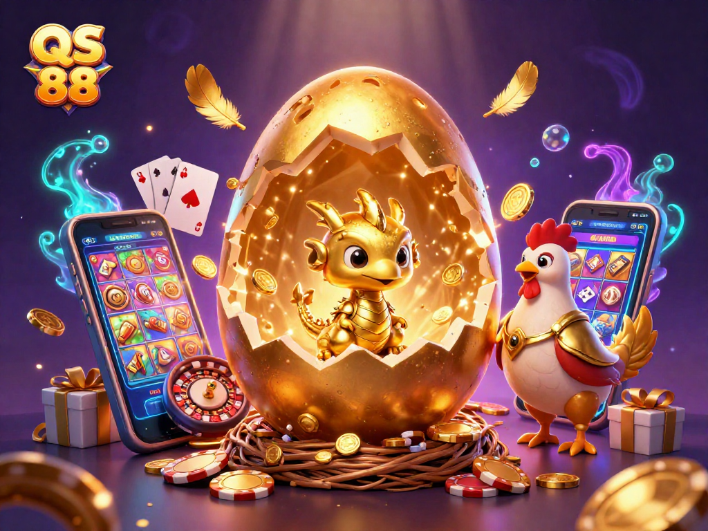 Experience the thrill of QS 88 with a baby dragon and golden poker chips in this vibrant casino scene.
