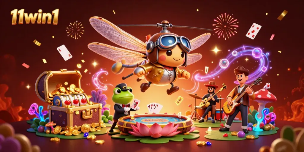 Experience the thrill of 11win1 with a vibrant 3D casino scene featuring a dragonfly pilot and frog croupier, celebrating winnings.
